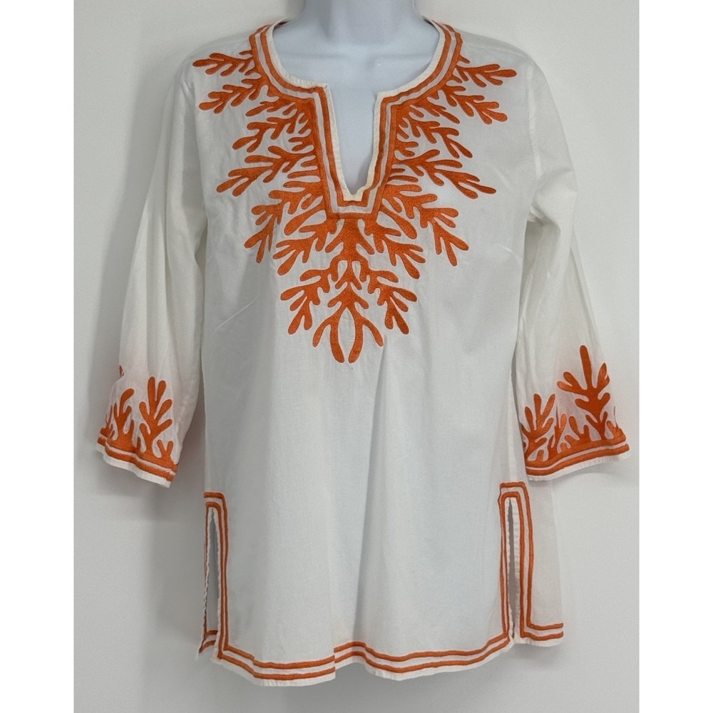Women S White Orange Coral Embroidered Tunic Top 3/4 Sleeve Resort Beach Boho